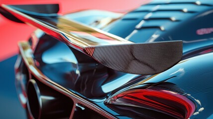 A striking close-up view of a race car's rear wing and diffuser, showcasing intricate details and carbon fiber texture, set against a vibrant backdrop.