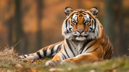 Obraz premium Majestic Tiger Relaxing in a Serene Autumnal Forest Setting