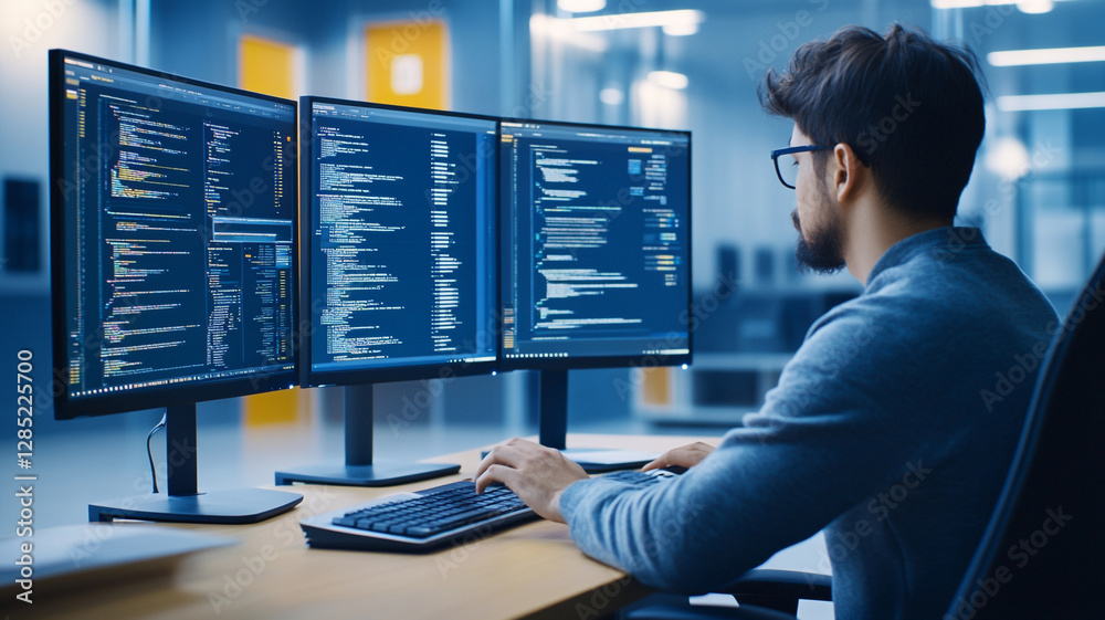 Wall mural dedicated individual immersed in triple monitor setup, coding and analyzing data in modern office en