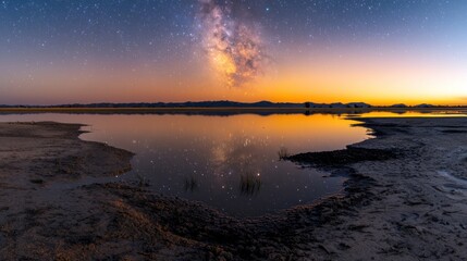 Serene twilight over a tranquil lake reflecting the Milky Way and distant mountains at dusk