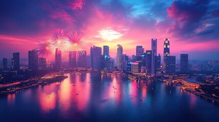 Obraz premium A dazzling fireworks celebration illuminates the night sky over a vibrant city skyline.
