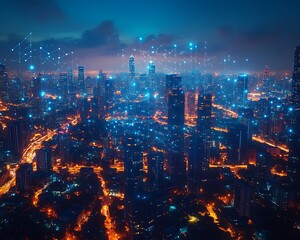 Fototapeta premium Aerial Night City Skyline, Digital Network