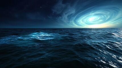 Serene Ocean Scene at Dusk with Swirling Clouds and Glimmering Waves Under Starry Sky