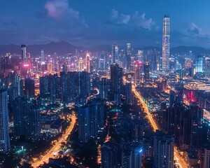 Fototapeta premium Aerial Night Cityscape Skyline, Illuminated Towers, Roads, Dusk