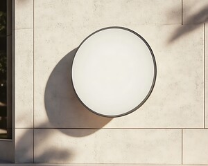 Circular sign board mockup on beige concrete wall outside, empty display.