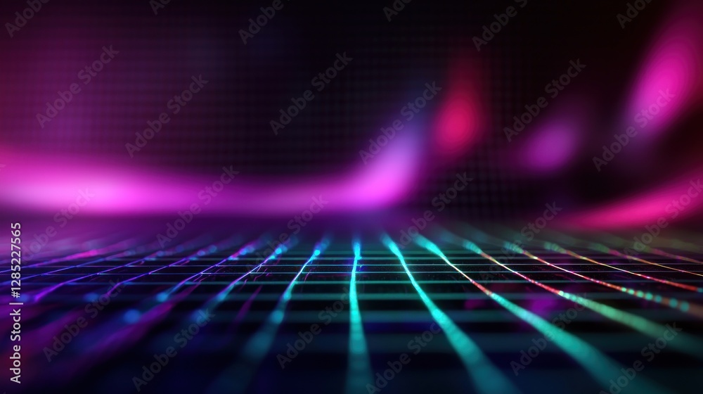Poster vibrant abstract background with glowing grid and colorful light waves in a digital landscape