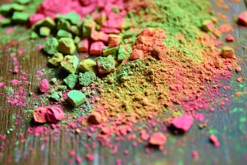 Colorful Crushed Powder with Vibrant Splashes on Wooden Surface
