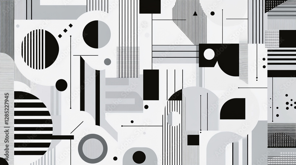 Fototapete Abstract shapes circle line triangle square in flat white design pattern, Monochrome seamless patterns and sharp contrast and details textured, White modern Abstract background.