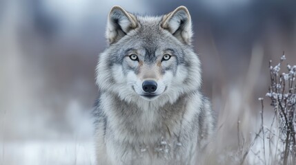 Obraz premium Majestic Wolf Stares Intently in Winter Landscape with Soft Light