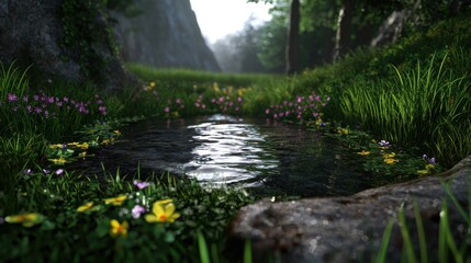 Fototapeta premium Serene forest landscape with a tranquil pond surrounded by vibrant flowers and lush greenery