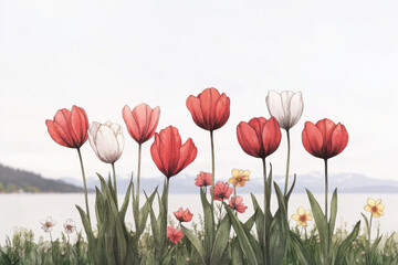 Obraz premium A painting of a field of flowers with a blue sky in the background