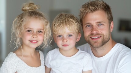 Happy father with two children at home
