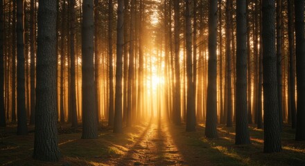 Fototapeta premium Golden Sunlight Streaming Through Tall Trees in a Dense Forest
