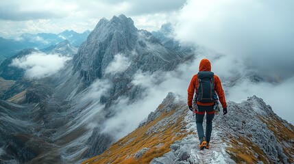 Obraz premium A determined person climbing a mountain, showcasing a journey of adventure and determination against a stunning backdrop of clouds and peaks