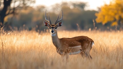 Obraz premium Majestic Deer Standing in Sunlit Grassland at Golden Hour