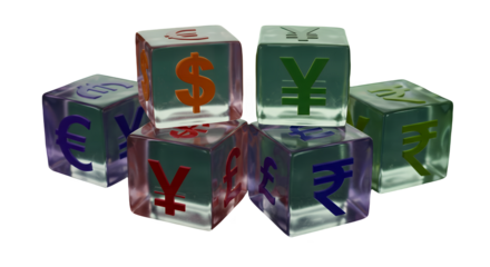 Global Currency Symbols on Transparent Cubes A Visual Representation of International Finance.AI Generated.