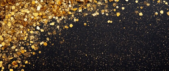 Sparkling Gold Glitter on Black Background Creates Luxurious Festive Texture.