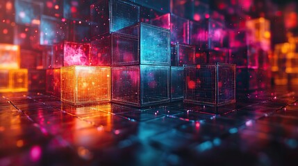 Fototapeta premium A digital art piece showcasing colorful cubes connected by lines, dynamically representing the fusion of technology and creativity.