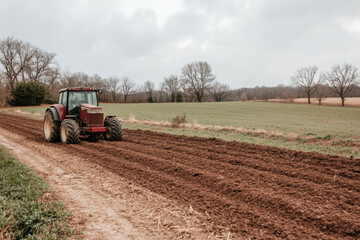 Fototapeta premium A red tractor is driving through a field of dirt