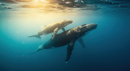 Naklejka premium Humpback Whale Mother and Calf Swimming Together in Ocean Sunlight
