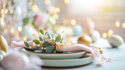 Elegant Easter Tablescape with Pastel Napkin, Gold Cutlery, and Eucalyptus on Ceramic Plate
