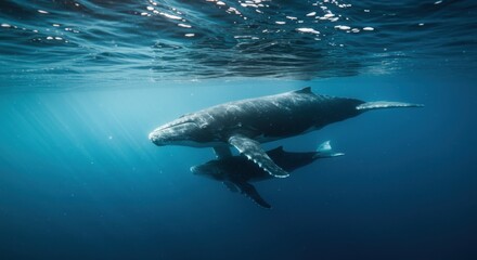 Humpback Whale with Calf Swimming Underwater in Deep Blue Ocean