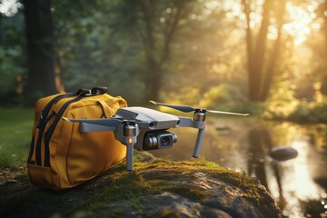 Drone with Camera Beside Backpack by Serene Forest Stream