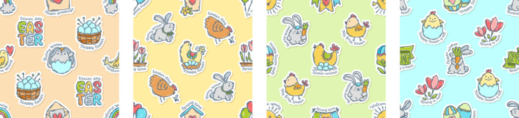 Easter colorful doodle icons stickers with quotes seamless pattern, hand-drawn spring hunt theme background, cute symbols, elements and lettering collection.