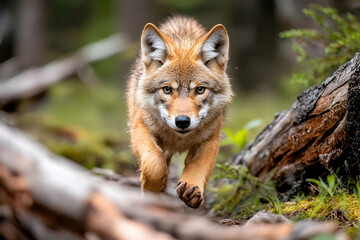 Fototapeta premium Coyote running forest trail, wildlife closeup