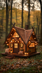 Cozy autumn forest cottage, illuminated, idyllic setting, postcard
