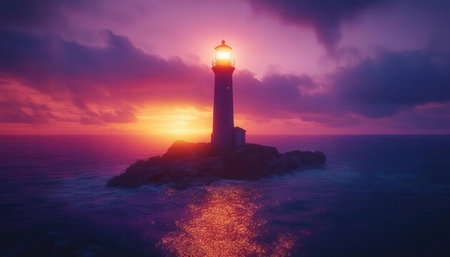 The lighthouse with glowing holographic light beam, dynamic ocean backdrop, soft moody lighting, photorealistic