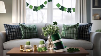 Cozy Living Room with Shamrock Pillows and Festive Decor for St. Patrick’s Day
