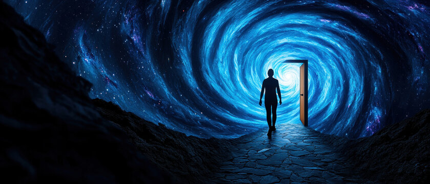 Conversion disorder psychology cognitive FND. A figure stands before a glowing door in a swirling cosmic tunnel.