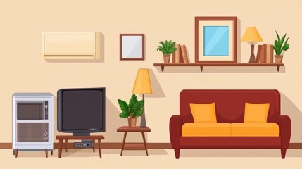 Retro Living Room Interior Design: Vintage Couch, TV, and Decor