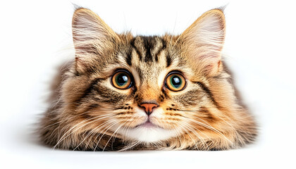 Obraz premium Curious cat looking up, white background, pet portrait, website banner