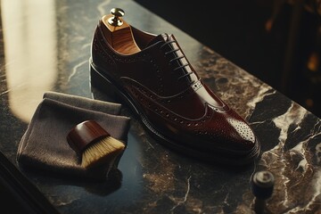 Elegant Brown Leather Dress Shoe with Polishing Brush and Cloth