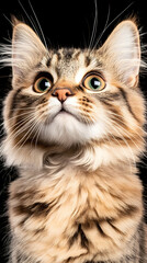 Curious kitten looking up, black background, pet portrait