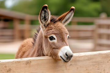 Cute donkey foal resting on fence, farm background, spring