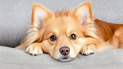 Cute dog resting on couch, indoor setting, calm background, pet portrait