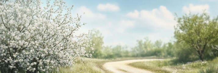 Dreamy Spring Landscape with Flowering Willow Branches and a Winding Forest Road Under a Soft Blue Sky