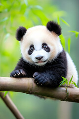 Cute panda cub on bamboo branch, lush green forest background, ideal for nature or wildlife publications