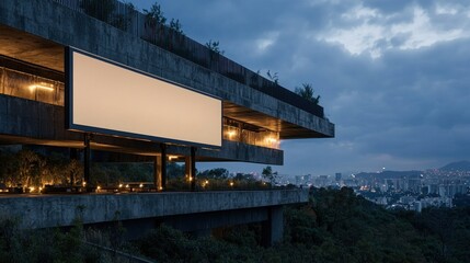 Fototapeta premium Modern architectural structure with an empty billboard overlooking a city skyline at dusk