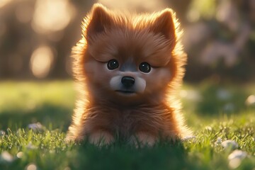Obraz premium A close-up of a fluffy puppy with big, sparkling eyes sitting on a grassy field,