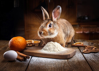 Easter bunny on kitchen table with eggs and flour