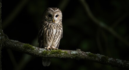 Owl Perched on Branch in Forest, Observing with Intense Stare