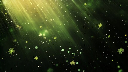 Luxurious Black and Green Shamrock Background with Golden Mist and Sparkling Magical Particles