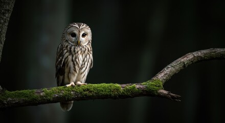 Owl Resting on Mossy Branch in Dark Forest Habitat