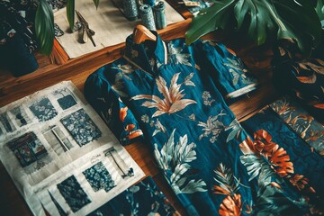 Elegant Floral Pattern Fabric with Tropical Design and Accessories