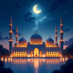 Majestic Mosque Under Crescent Moon