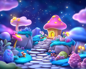 Enchanting mushroom house path, night sky, fantasy landscape, children's book illustration
